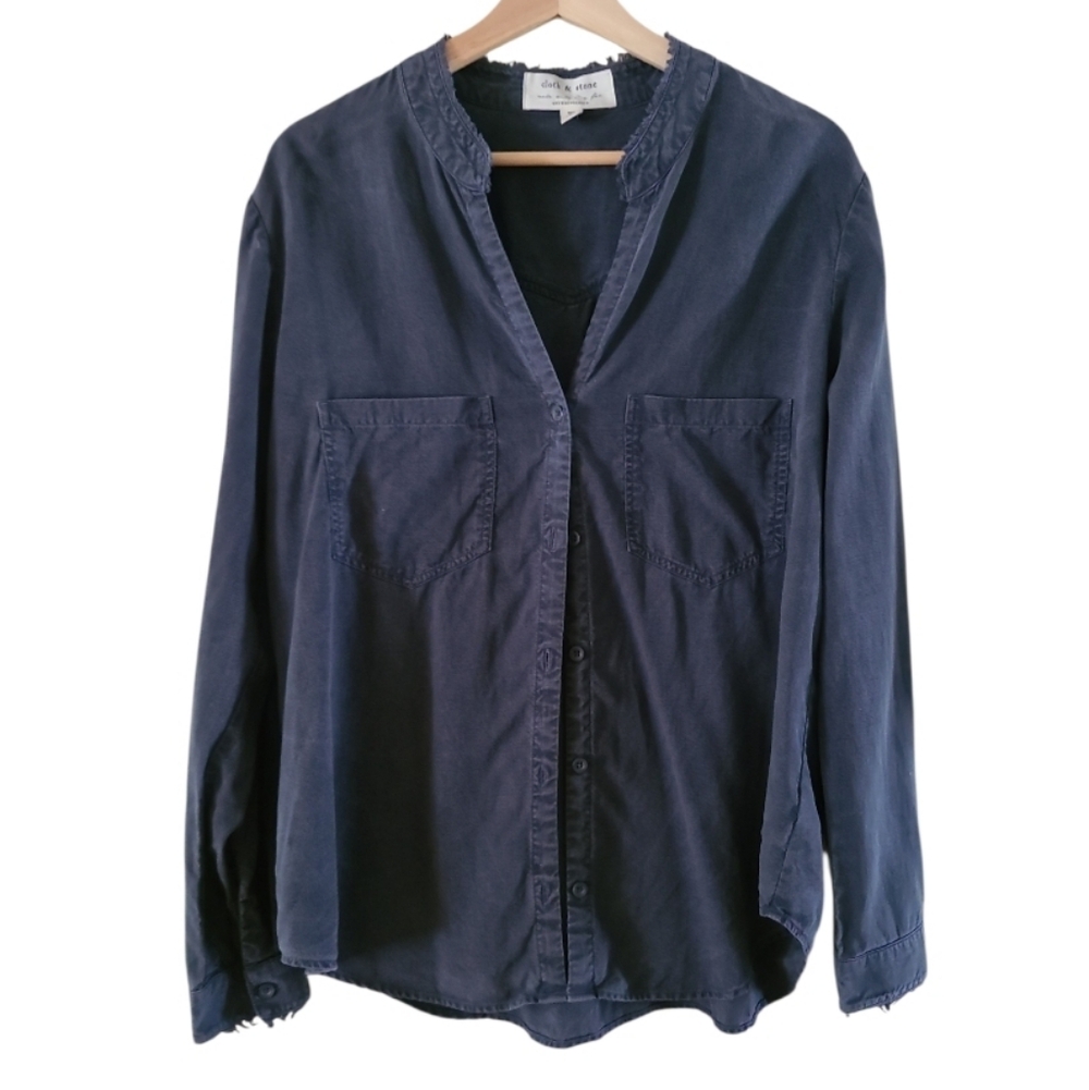 Cloth & Stone X Anthropologie V Neck Button Down Top Blue Fringe Detail Western